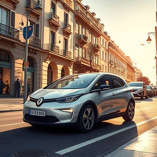 Anuncio publicitario de un nuevo coche eléctrico en una calle moderna de Madrid.