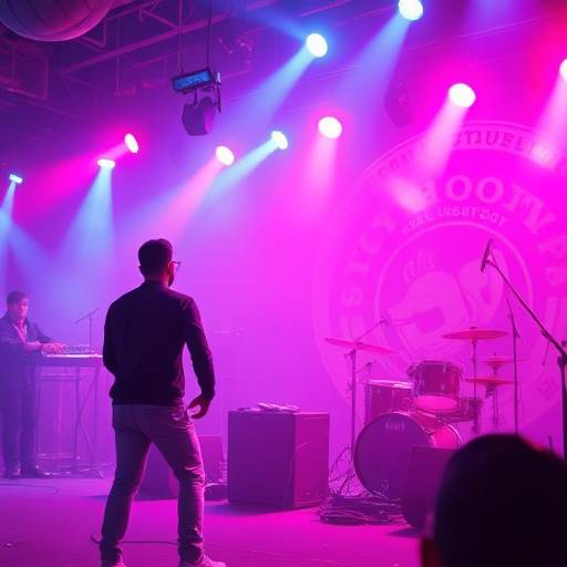 Escena de un video musical con iluminación vibrante y efectos visuales.