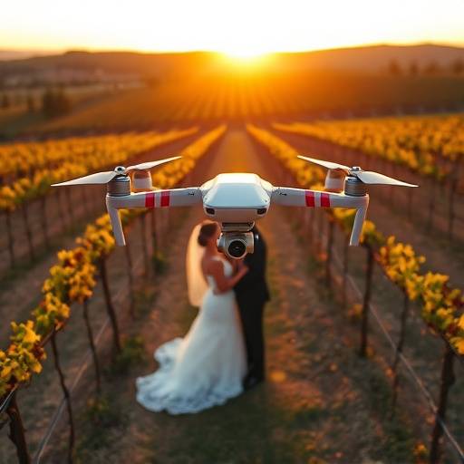 Filmación de una boda con un dron sobrevolando un viñedo al atardecer.
