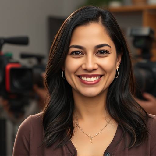 Retrato de Elena Rodríguez, Directora Creativa de Lumix Media Studios, sonriendo con un fondo de equipo de filmación.