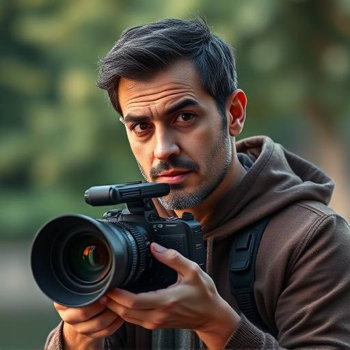 Retrato de Javier Pérez, Camarógrafo y Director de Fotografía de Lumix Media Studios, sosteniendo una cámara profesional.