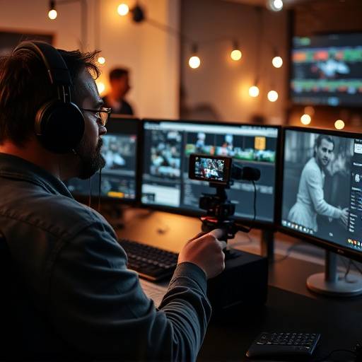 Un editor de video trabajando en una estación de edición con mültiples monitores.
